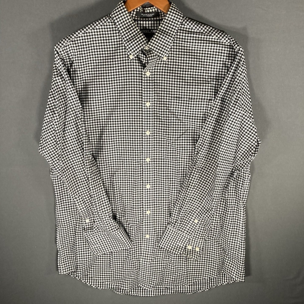 Kirkland Signature‎ Check Shirt Mens XL Black White Button Up Stretch Cotton
